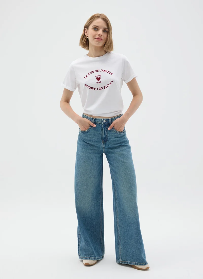 او في اس OVS White Pure Cotton Regular Fit T-Shirt With Print